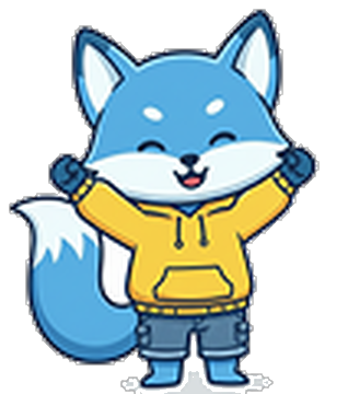 The LinguaBattle blue fox mascot, cheering with both paws up.