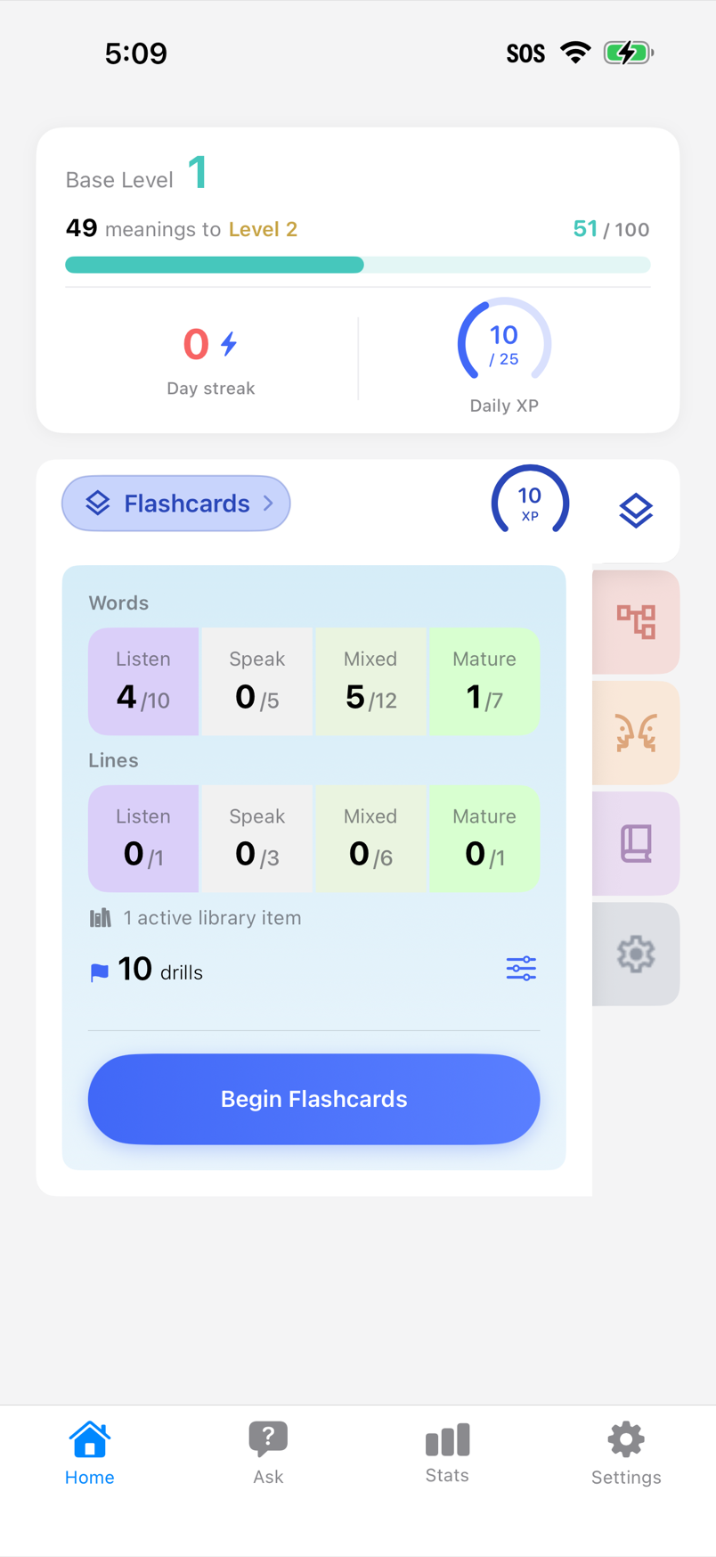 The home screen showing card counts across the Listen, Speak, Mixed and Mature phases, with a Begin Flashcards button.