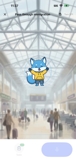 A scenario battle titled Pass through immigration, on turn 2 of 11. An illustrated airport arrivals hall fills the screen, with the mascot at its centre ringed by sound waves as it speaks. No dialogue text is shown, only a Tasks counter at zero of three and the microphone button, dimmed until it is your turn.