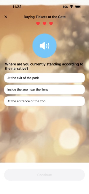 A comprehension check titled Buying Tickets at the Gate with three lives remaining. A play button sits above the question Where are you currently standing according to the narrative, with three answer options.