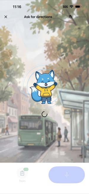 A scenario battle titled Ask for directions, on turn 1 of 14. An illustrated street scene of a bus stop fills the screen, with the mascot at its centre ringed by sound waves as it speaks, a Tasks counter reading zero of four, and a microphone button waiting.